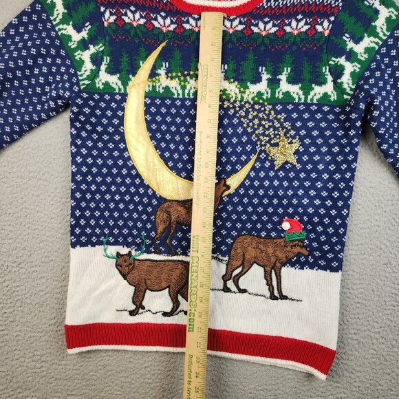 Holiday Time Ugly Christmas Sweater Unisex Medium AOP Howling Wolf Moon Winter - Picture 5 of 12